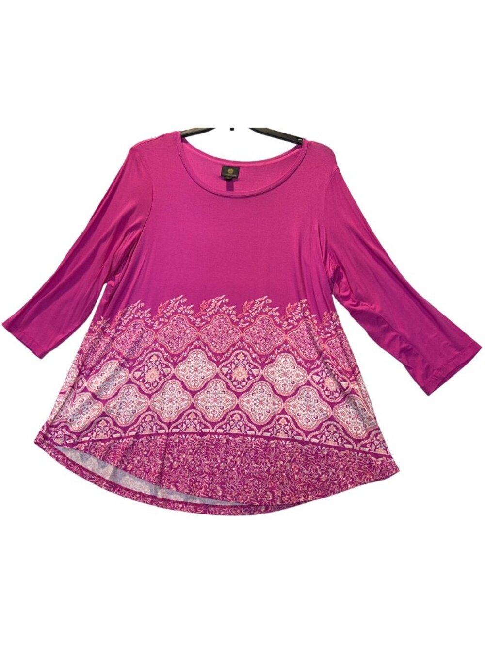 JM Collection Womens 2X Petunia Pink 3/4 Sleeve Top With White Patterned Hem